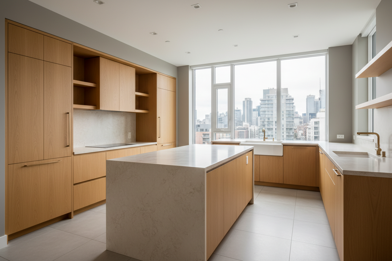 Modern kitchen with wooden cabinets and a cityscape view through large windows.
