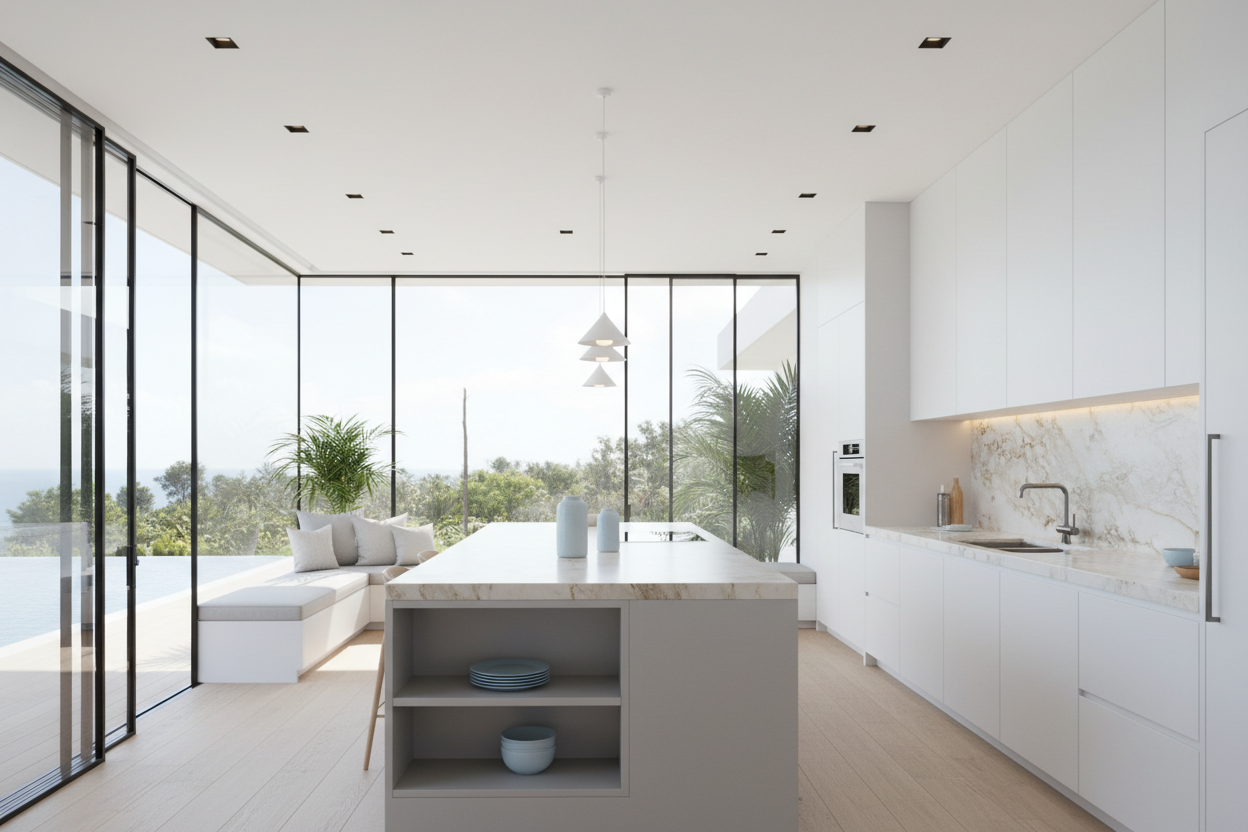 Modern kitchen with white island and large windows overlooking a scenic view.