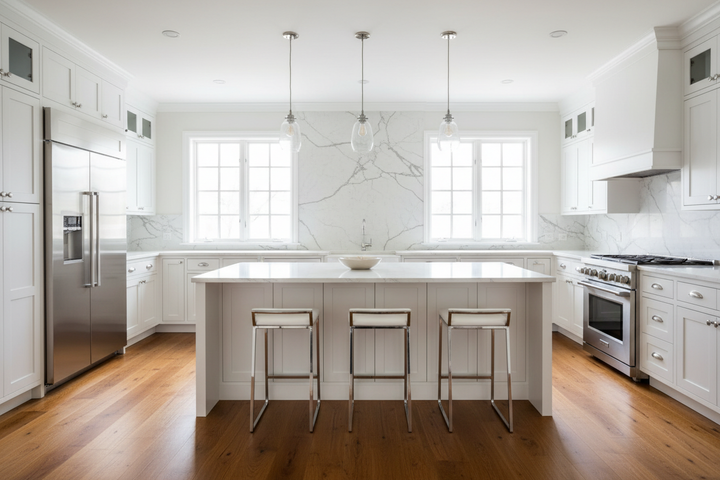 Modern kitchen with white marble island, stainless steel appliances, and wooden flooring.