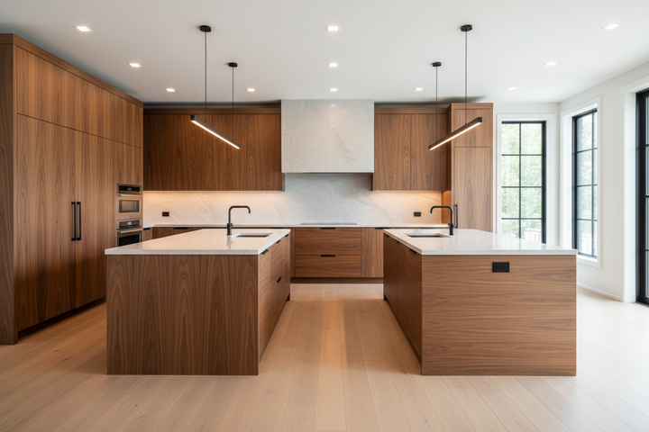 Design a high-end Vaughan-style kitchen with flat-panel walnut cabinetry, full-height porcelain slab backsplash, large double island layout, integrated appliances, and architectural lighting. Use a clean, sophisticated color palette. Add large windows typical of newer GTA homes. Perfect luxury Toronto suburban aesthetic.