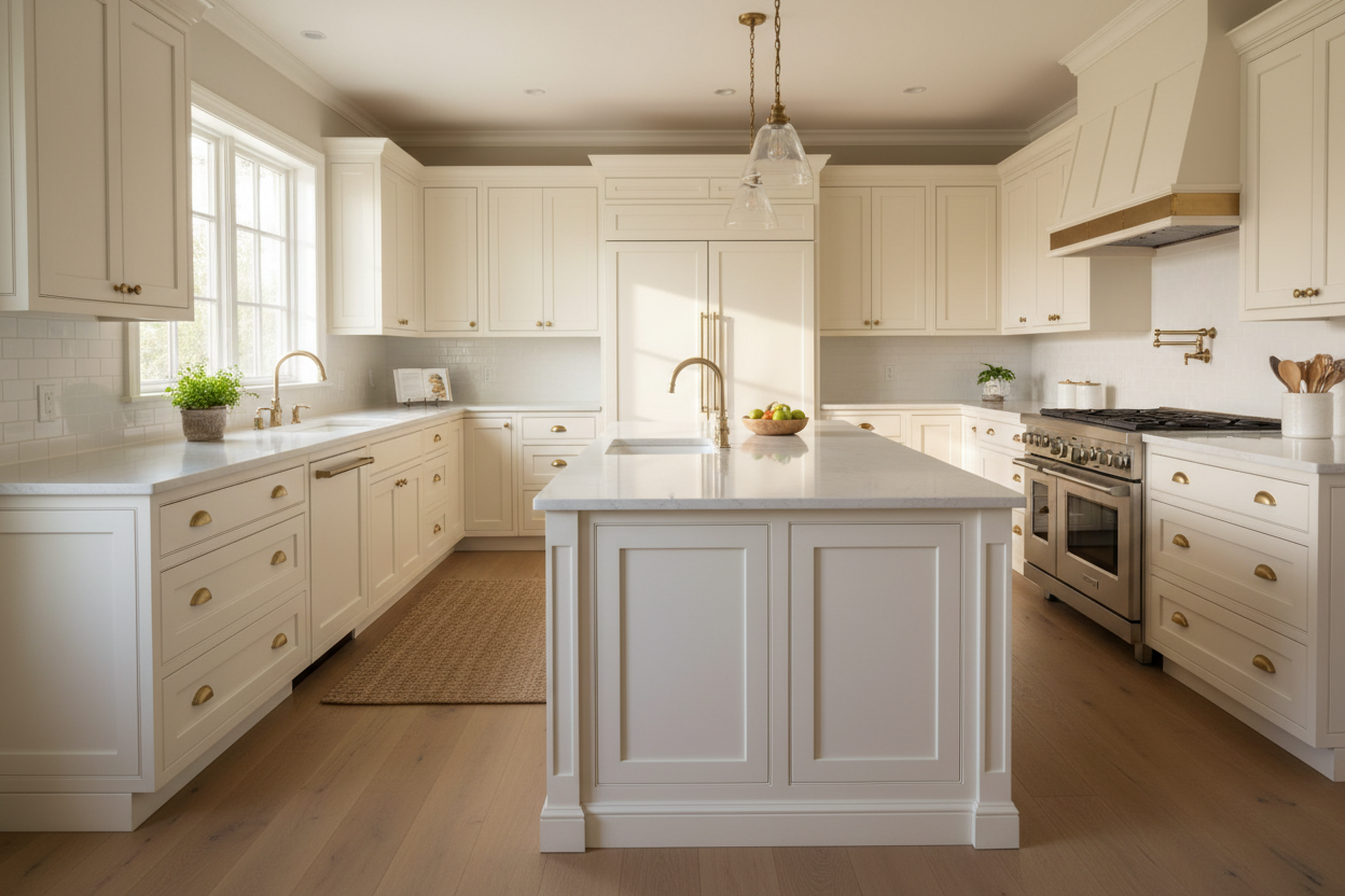 Modern kitchen with white cabinets, island, and stainless steel appliances.