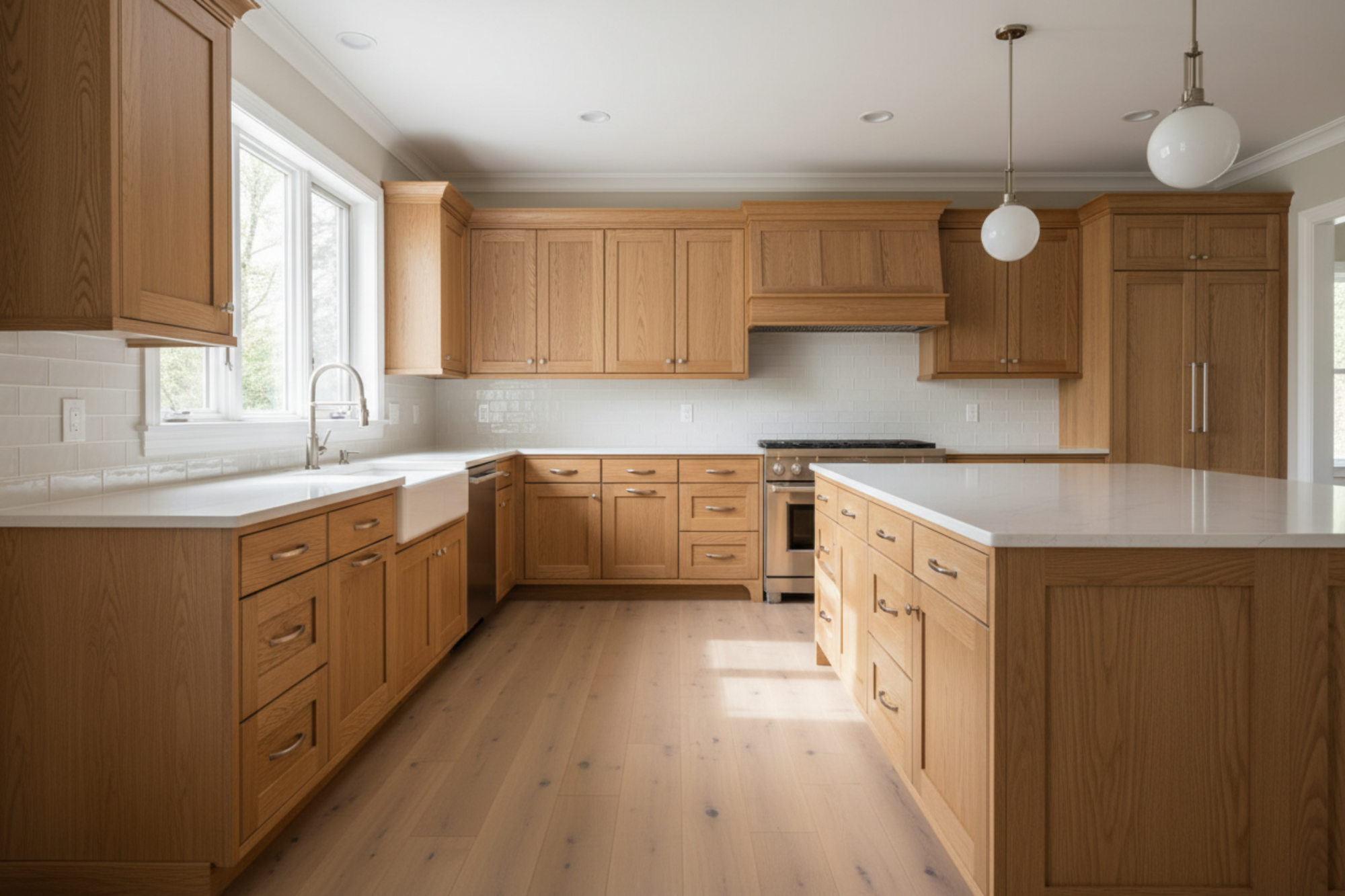 Modern kitchen with wooden cabinets, island, and stainless steel appliances.