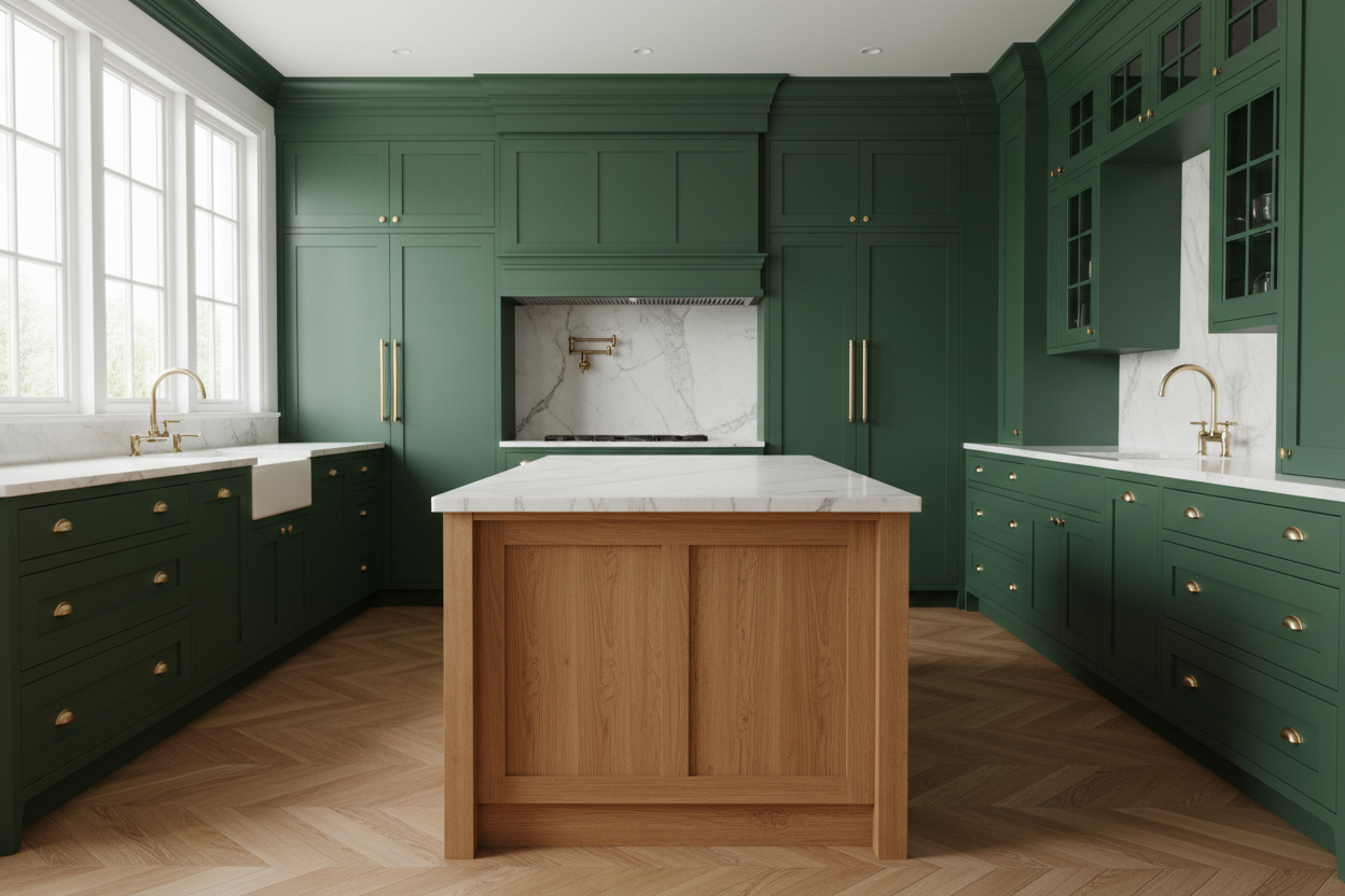Modern kitchen with green cabinetry and a wooden island.