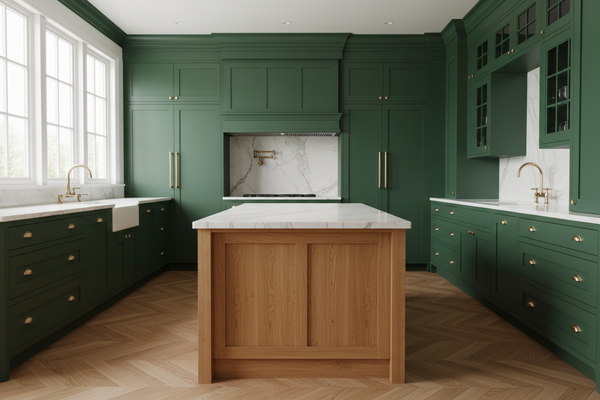 Modern kitchen with green cabinetry and a wooden island.
