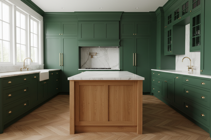 Modern kitchen with green cabinetry and a wooden island.