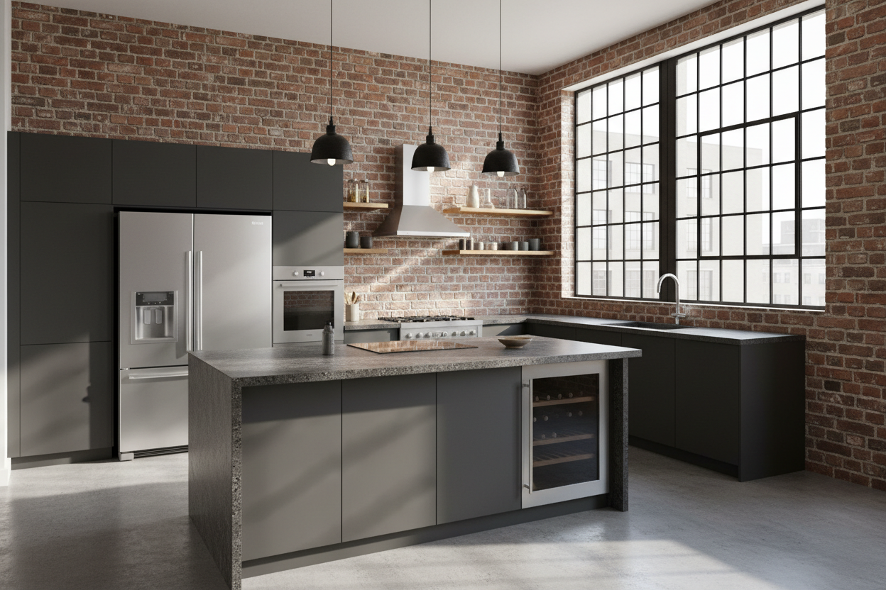 Modern kitchen with stainless steel appliances and brick walls