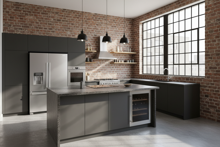 Modern kitchen with stainless steel appliances and brick walls